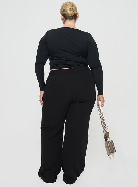 back view of model wearing Princess Polly Back In Time Long Sleeve Top Black Curve Full Sleeves Square Neck 
