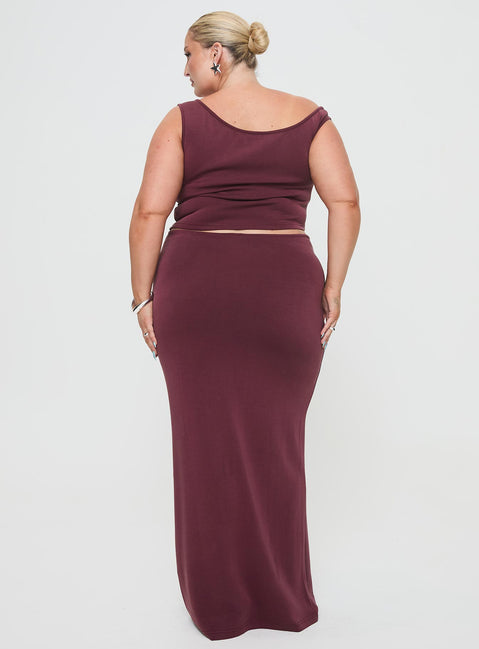 back view of model wearing Princess Polly Whiley Maxi Skirt Mauve Curve Maxi Skirts Skirts 