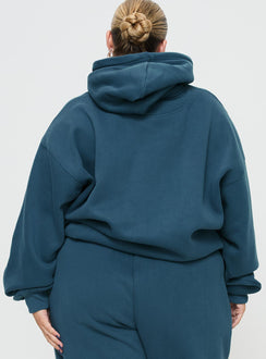 back view of model wearing Princess Polly Princess Polly Hooded Sweatshirt Block / Cursive Text Slate Curve Jumpers 