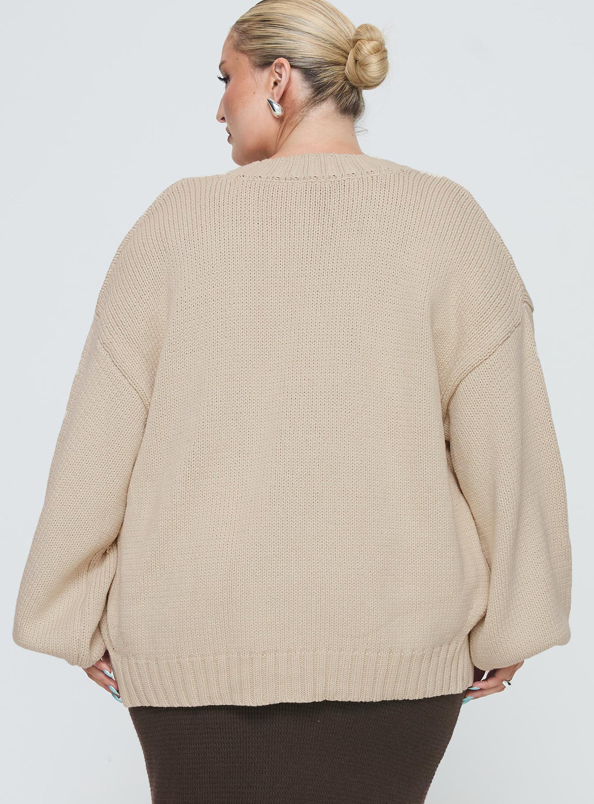back view of model wearing Princess Polly Edern Cardigan Cream Curve Longline Jumpers Jumpers 