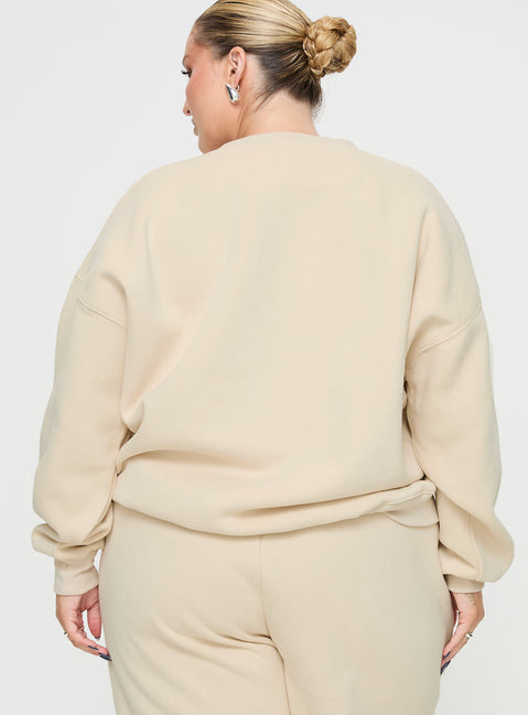 back view of model wearing Princess Polly Princess Polly Crew Neck Sweatshirt Block / Cursive Text Stone Curve regular Jumpers 