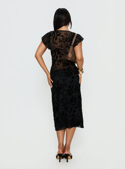 back view of model wearing Princess Polly Atira Midi Skirt Leaf Flower Black Midi Skirts Skirts 