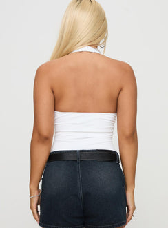 back view of model wearing Princess Polly Someone New Halter Bodysuit White Sleeveless Bodysuit 