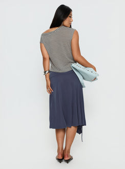 back view of model wearing Princess Polly Joaney Tie Side Jersey Midi Skirt Slate Midi Skirts 