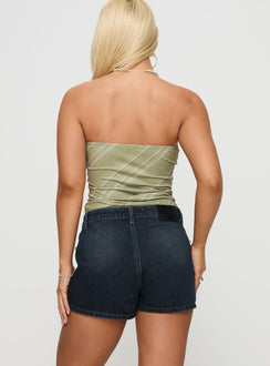 back view of model wearing Princess Polly Lafina Zip Mini Skort Dark Wash Denim High Waisted Shorts 