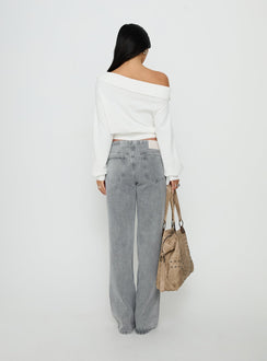 Presenting Pipper Asymmetrical Button Up Jeans Grey Wash in womens-jeans high-rise back view of model wearing Princess Polly