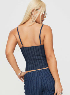 back view of model wearing Princess Polly Charismatic Denim Corset Dark Pinstripe Sleeveless Square Neck 