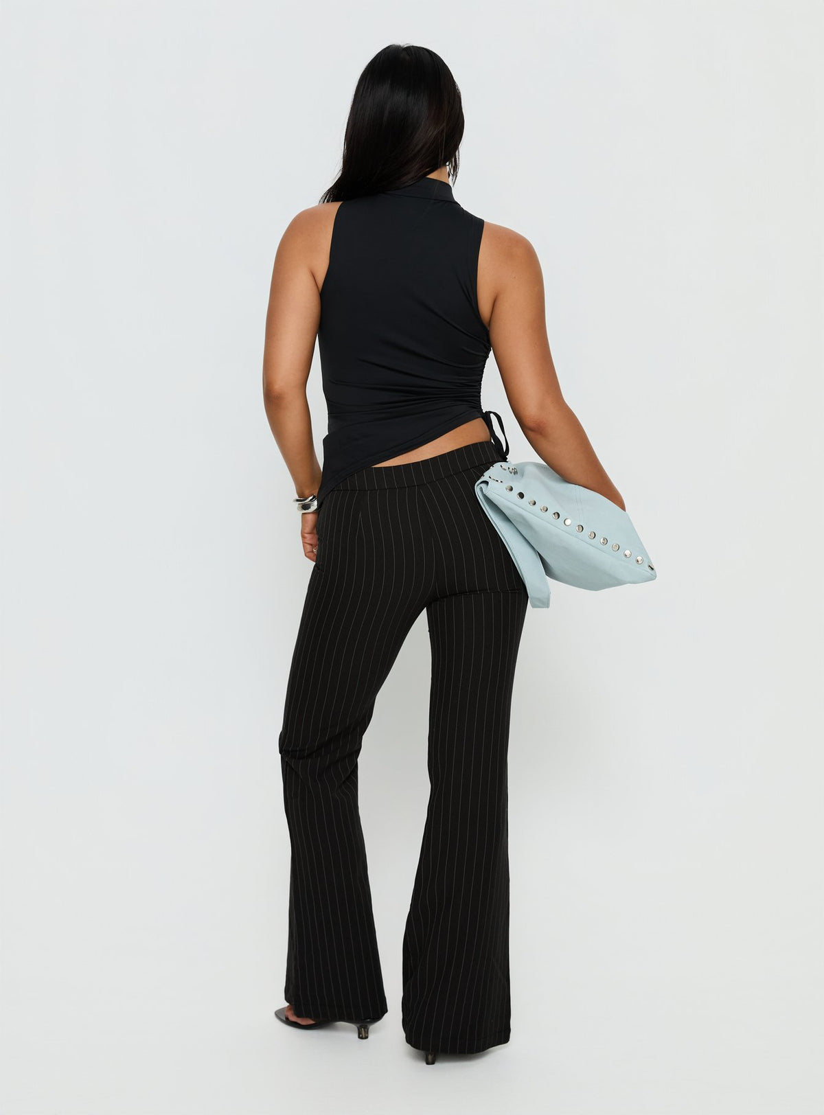 back view of model wearing Princess Polly Louder Please Tie Side Straight Leg Pants Black Pinstripe Mid Rise Pants Pants 