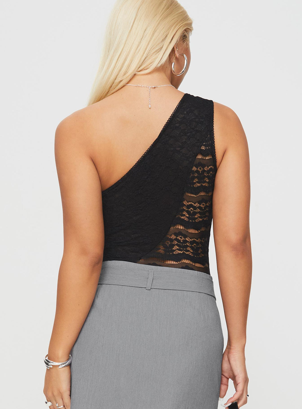 back view of model wearing Princess Polly Knotti Lace Bodysuit Black Sleeveless Bodysuit 
