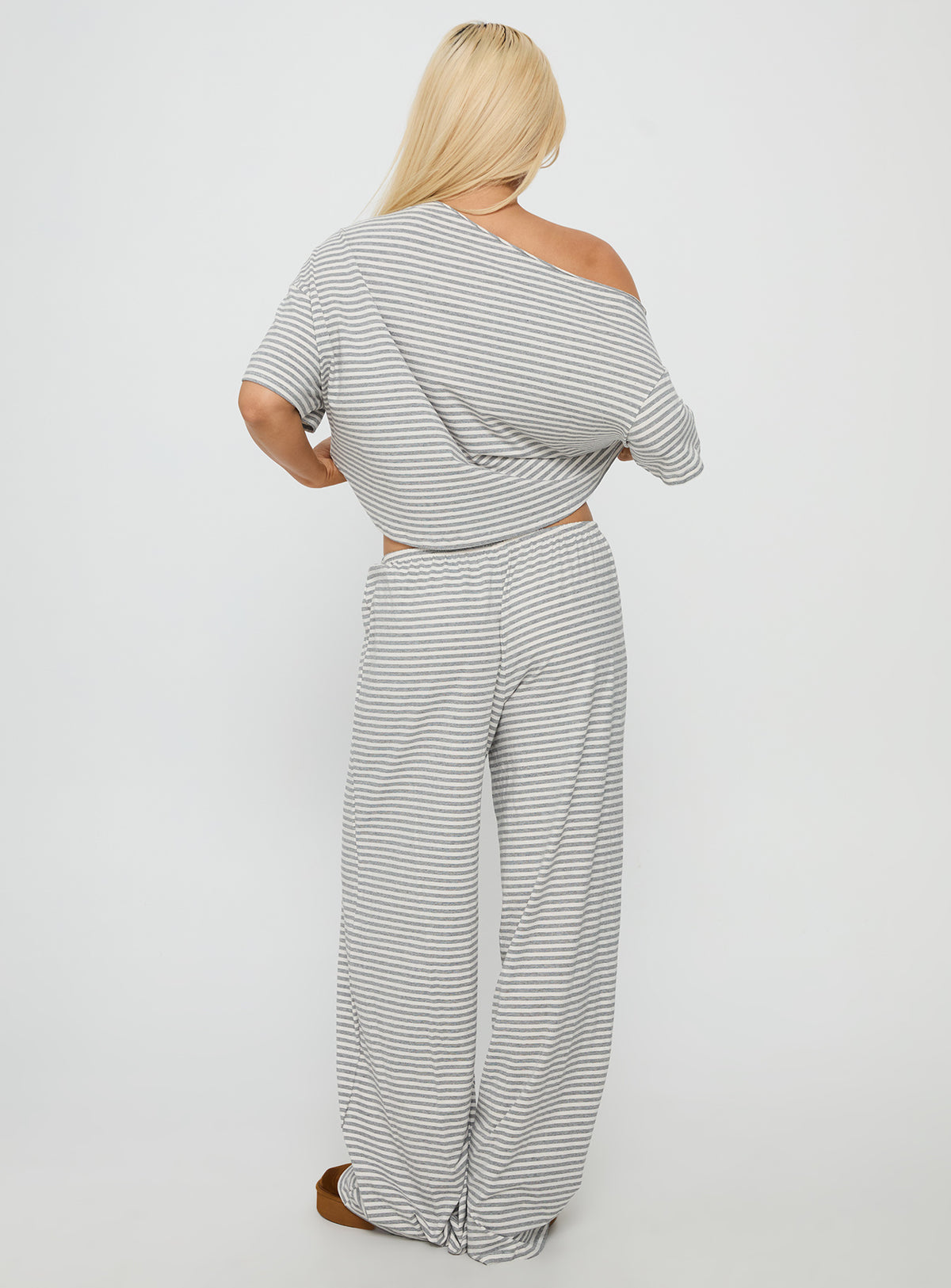 Tobie Off Shoulder Sleep Set Grey Stripe