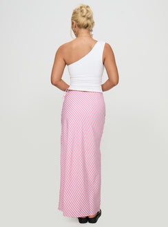 back view of model wearing Princess Polly Fluttering Maxi Skirt Pink Stripe Maxi Skirts Skirts 