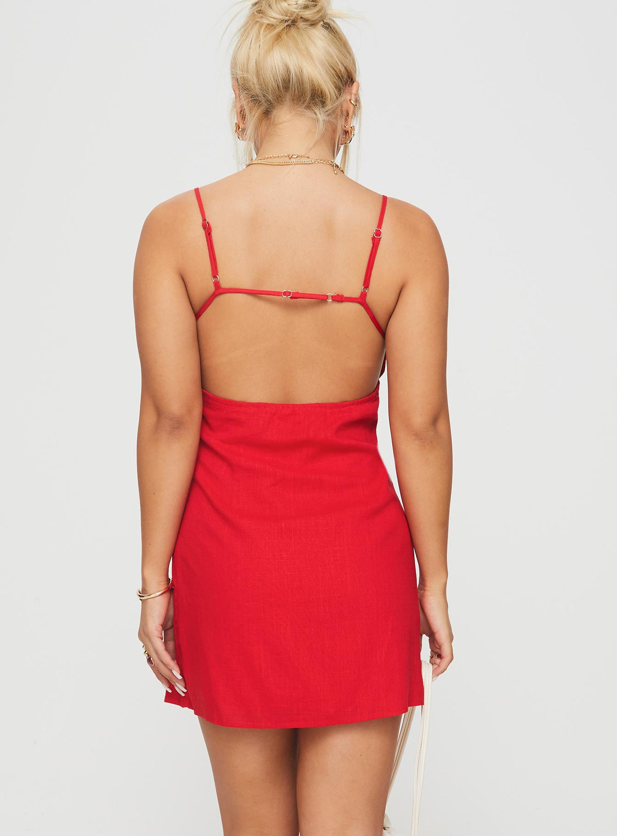 back view of model wearing Princess Polly Wurli Mini Dress Red Square Neck 