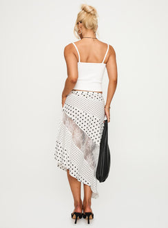 back view of model wearing Princess Polly Rennar Maxi Skirt White / Polka Dot Petite Midi Skirts Skirts 