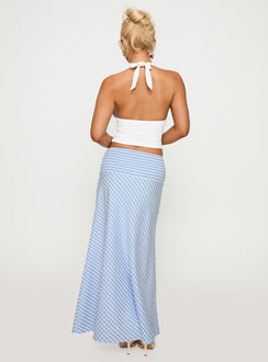 back view of model wearing Princess Polly Every Girl Shirred Maxi Skirt Blue Check Maxi Skirts Skirts 