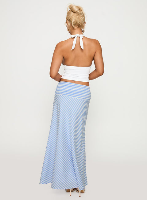 back view of model wearing Princess Polly Every Girl Shirred Maxi Skirt Blue Check Maxi Skirts Skirts 
