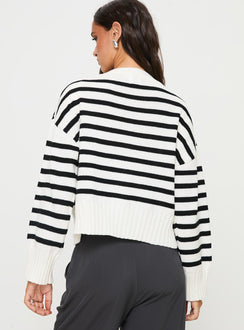 back view of model wearing Princess Polly Karlson Striped Cardigan Cream / Black cropped Jumpers 