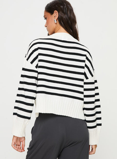 back view of model wearing Princess Polly Karlson Striped Cardigan Cream / Black cropped Jumpers 