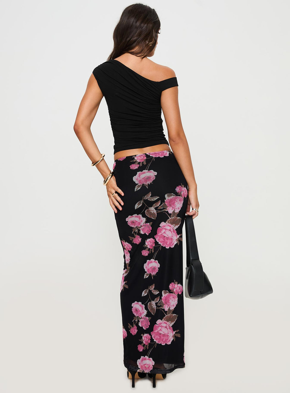 back view of model wearing Princess Polly Modalla Maxi Skirt Black Floral Maxi Skirts Skirts 