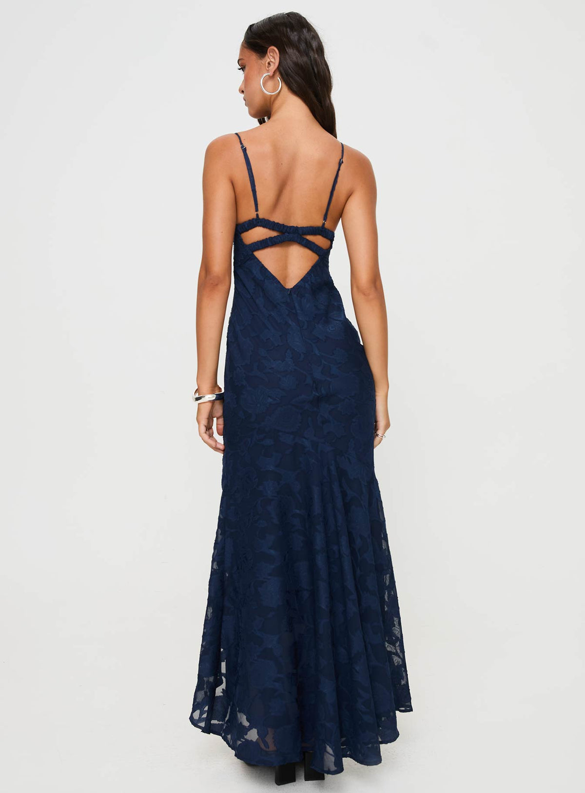 back view of model wearing Princess Polly Cyrene Maxi Dress Navy Plunger 