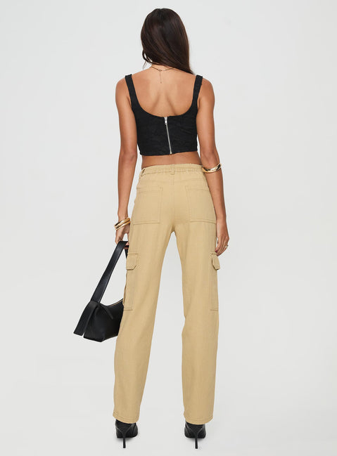 back view of model wearing Princess Polly Nickei Utility Cargo Pants Beige Mid Rise Pants Pants 