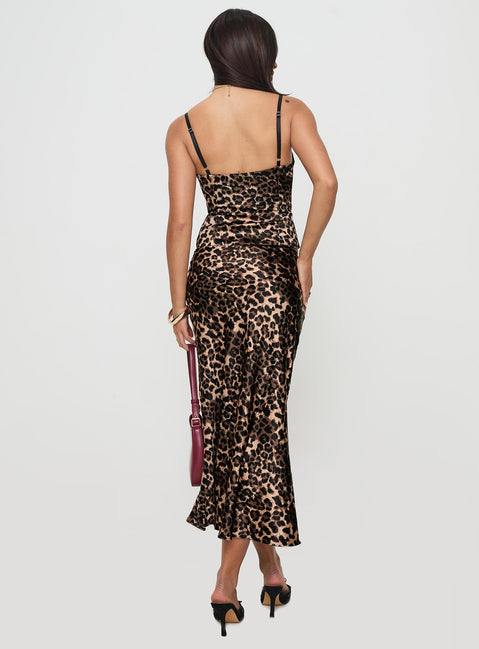 back view of model wearing Princess Polly Enigmatic Maxi Skirt Leopard Maxi Skirts Skirts 