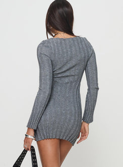 back view of model wearing Princess Polly Rich Girl Mini Dress Grey Marle Boat Neck 
