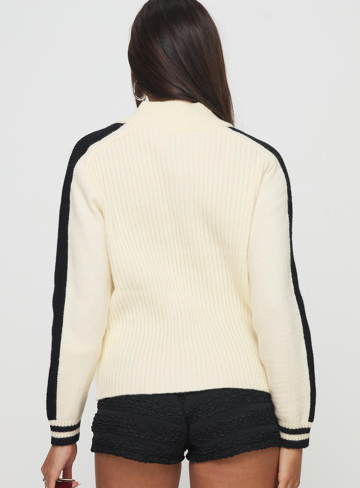 back view of model wearing Princess Polly Mandee Quarter Zip Knit Sweater Cream Longline Jumpers Jumpers 