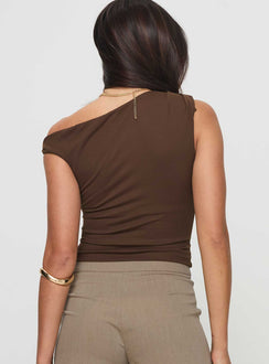 back view of model wearing Princess Polly Danza Top Brown Sleeveless Asymmetric Neckline 