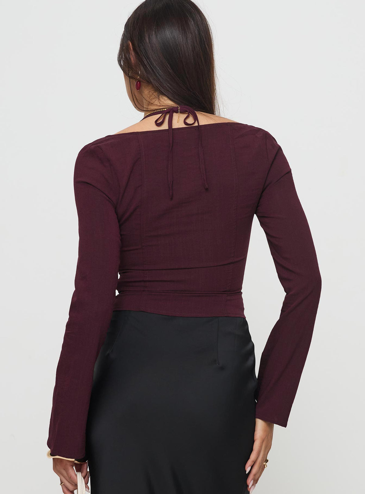 back view of model wearing Princess Polly Trynia Long Sleeve Top Burgundy Full Sleeves Square Neck 