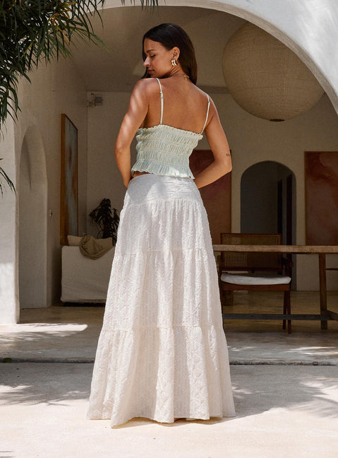 back view of model wearing Princess Polly Silver Soul Embroidered Maxi Skirt Cream Maxi Skirts Skirts 