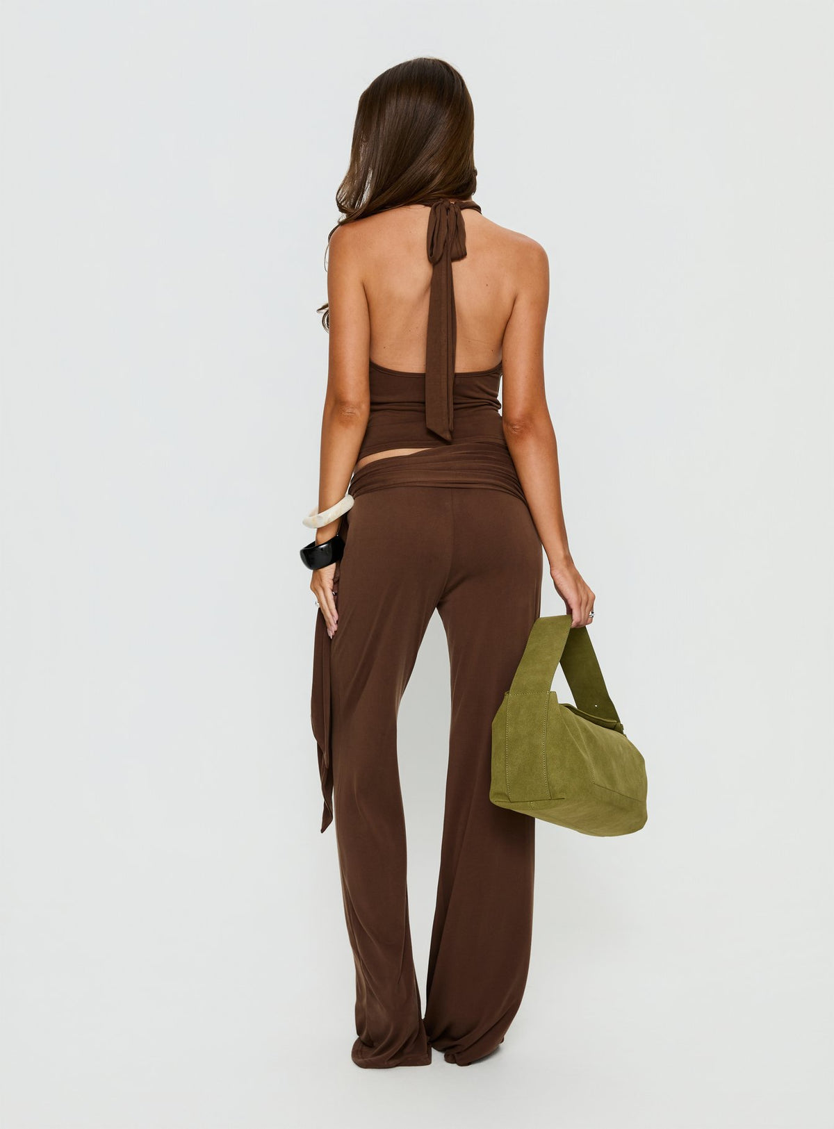 back view of model wearing Princess Polly Katiana Wrap Jersey Pants Brown Mid Rise Pants Pants 