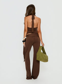 back view of model wearing Princess Polly Katiana Wrap Jersey Pants Brown Mid Rise Pants Pants 