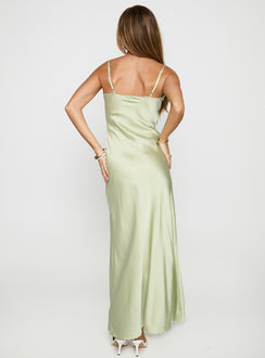 back view of model wearing Princess Polly Cyrielle Embroidered Maxi Dress Sage Plunger 
