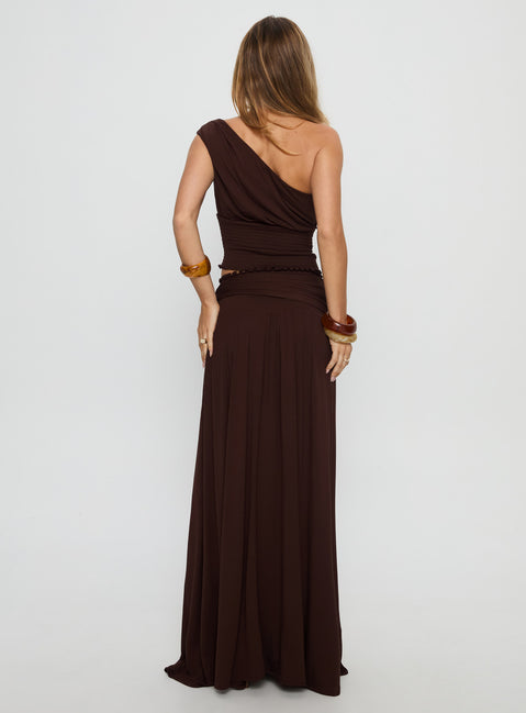back view of model wearing Princess Polly Full Orbit Shirred Maxi Skirt Chocolate Brown Maxi Skirts Skirts 