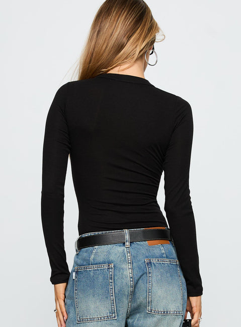 back view of model wearing Princess Polly Kandis Long Sleeve Bodysuit Black Long Sleeve Tops Bodysuit 
