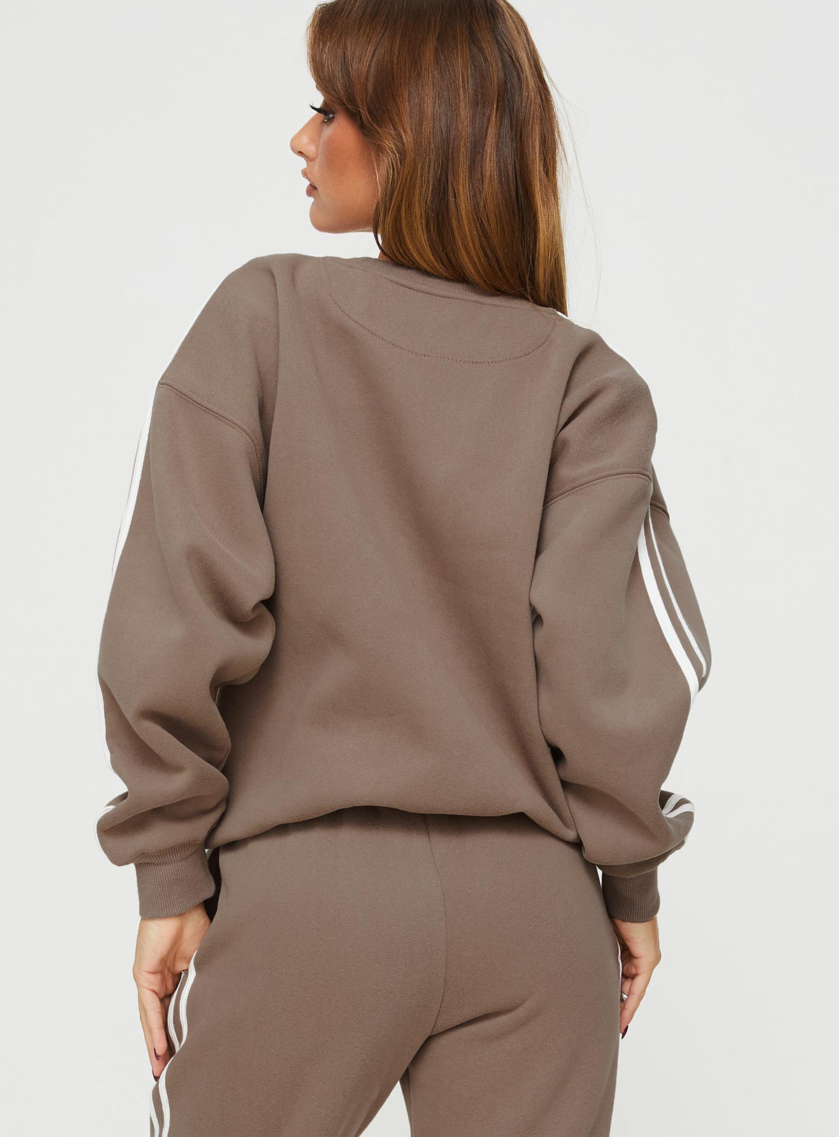 back view of model wearing Princess Polly Princess Polly Crew Neck Sweatshirt Stripe Taupe / White regular Jumpers 