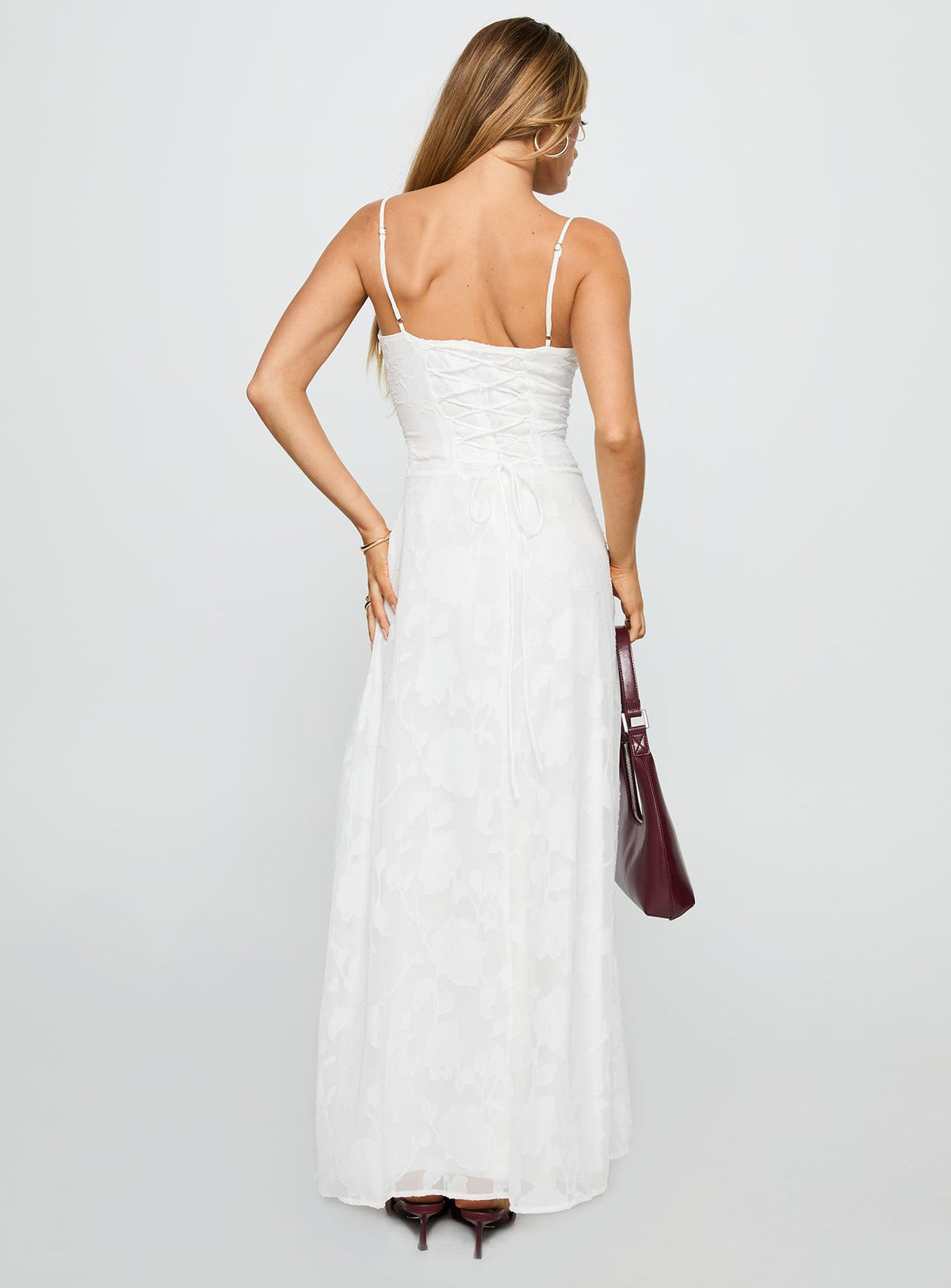 back view of model wearing Princess Polly Kosetta Burnout Maxi Dress White Sweetheart Neckline 