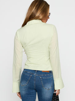 back view of model wearing Princess Polly Elowenn Long Sleeve Top Green Full Sleeves V-Neck 