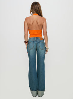 back view of model wearing Princess Polly Toros Mid Rise Wide Leg Foldover Denim Jeans Mid Blue Low Rise Jeans Jeans 