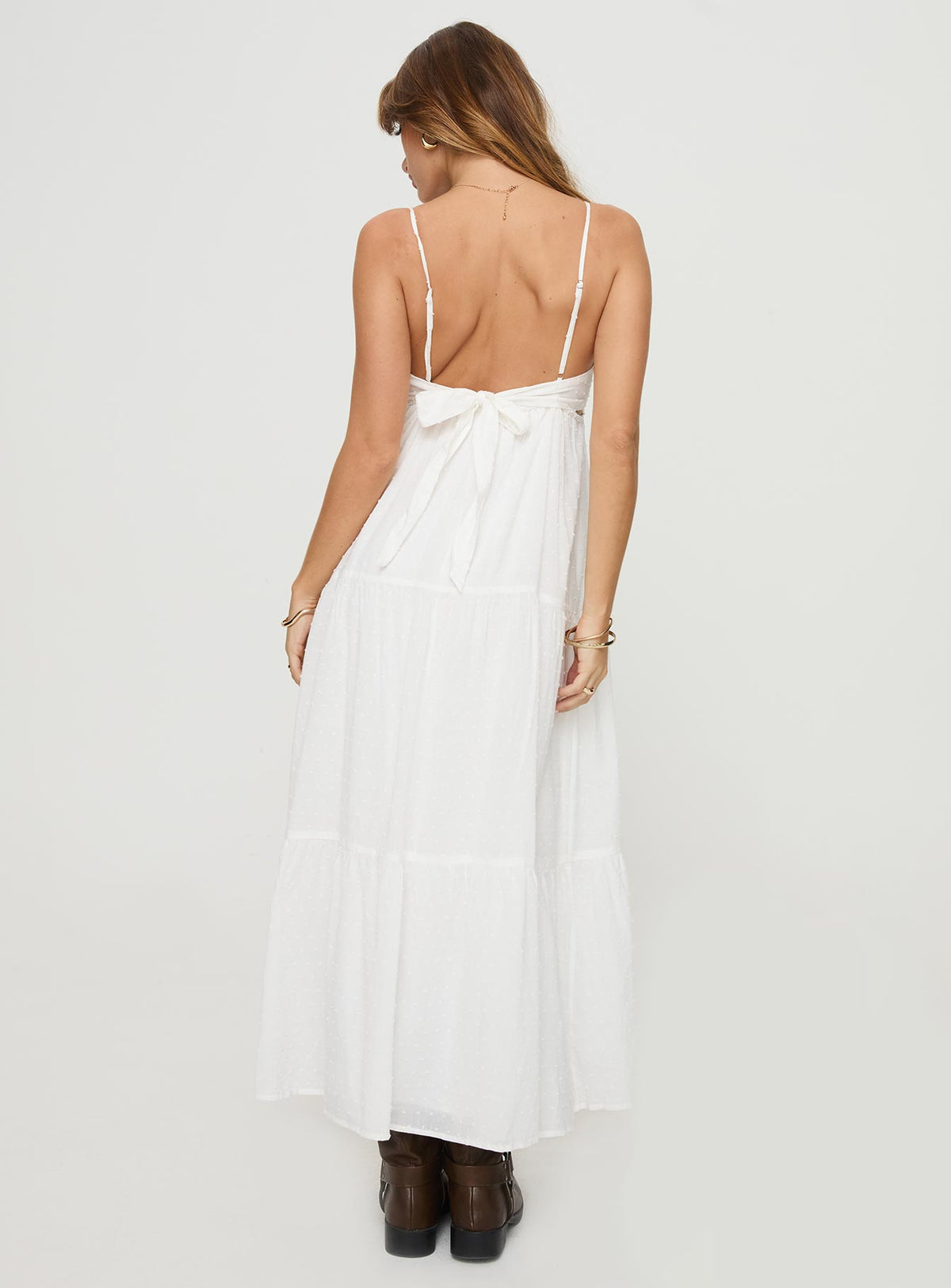 back view of model wearing Princess Polly Koko Maxi Dress White Plunger 
