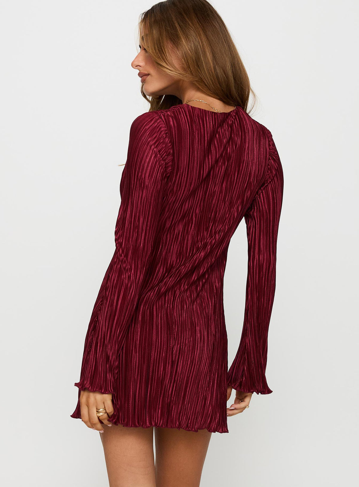 back view of model wearing Princess Polly Malop Long Sleeve Mini Dress Burgundy Plunger 