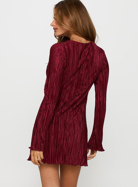 back view of model wearing Princess Polly Malop Long Sleeve Mini Dress Burgundy Plunger 