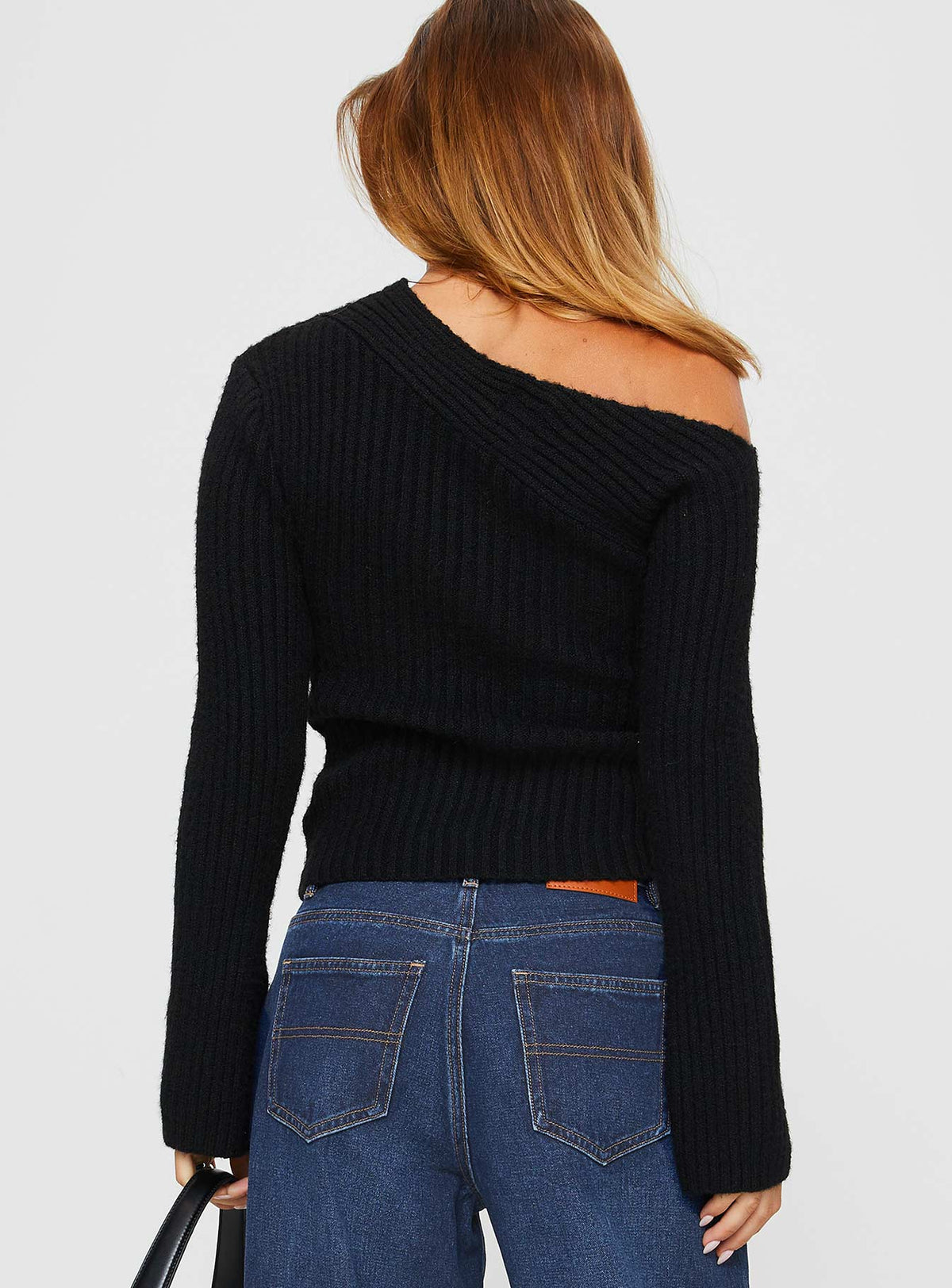 back view of model wearing Princess Polly Phillips Cold Shoulder Sweater Black Cropped Jumpers Jumpers 