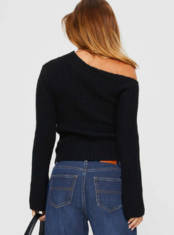 back view of model wearing Princess Polly Phillips Cold Shoulder Sweater Black Cropped Jumpers Jumpers 