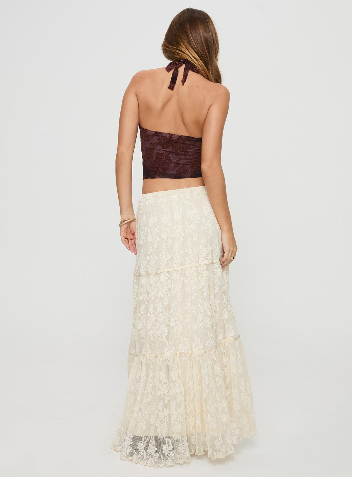 back view of model wearing Princess Polly Oh Plisse Maxi Skirt Cream Maxi Skirts Skirts 