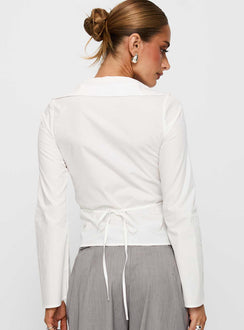back view of model wearing Princess Polly Arianwyn Long Sleeve Shirt White Full Sleeves V-Neck 
