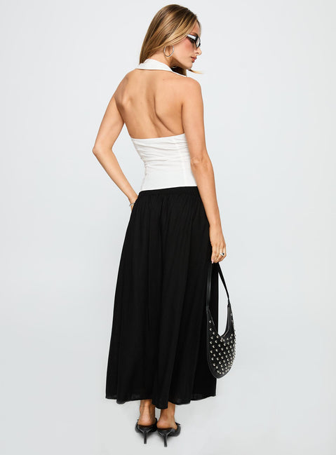 back view of model wearing Princess Polly Human Nurture Maxi Skirt Black Maxi Skirts Skirts 