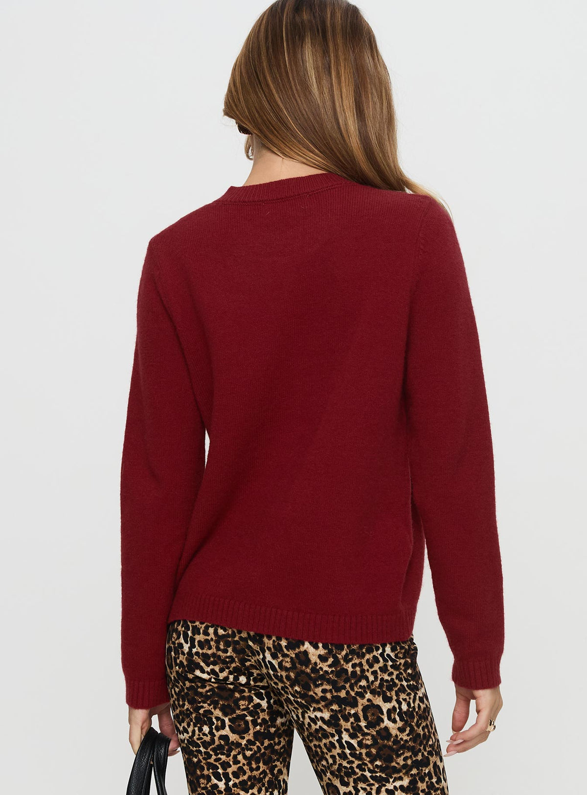 back view of model wearing Princess Polly Arica Button Up Knit Cardigan Red Longline Jumpers Jumpers 