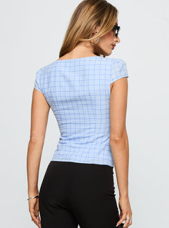 back view of model wearing Princess Polly Getting Close Button Up Top Blue Check Short Sleeves Sweetheart 