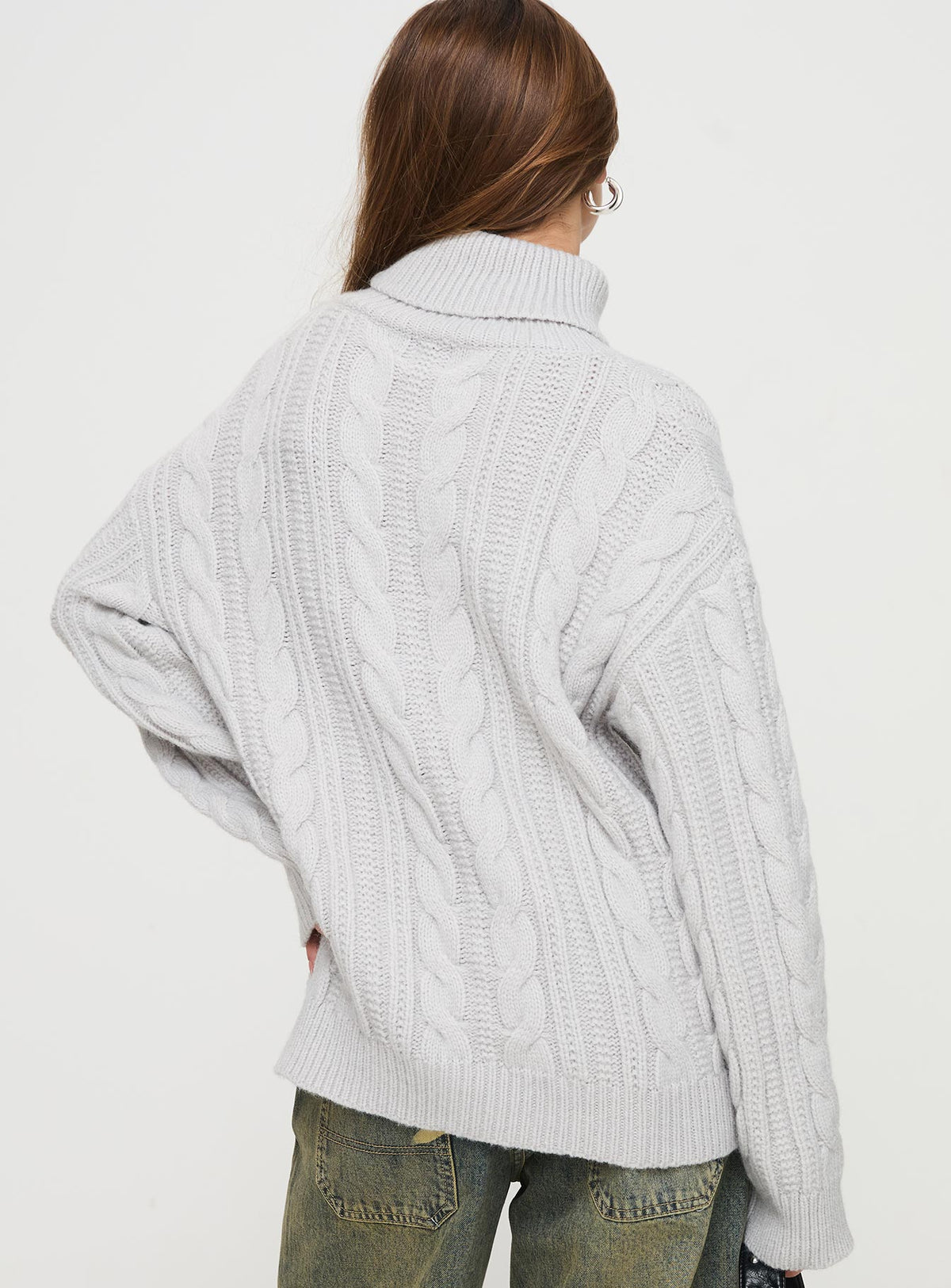 back view of model wearing Princess Polly Nyle Knit Sweater Grey Longline Jumpers Jumpers 